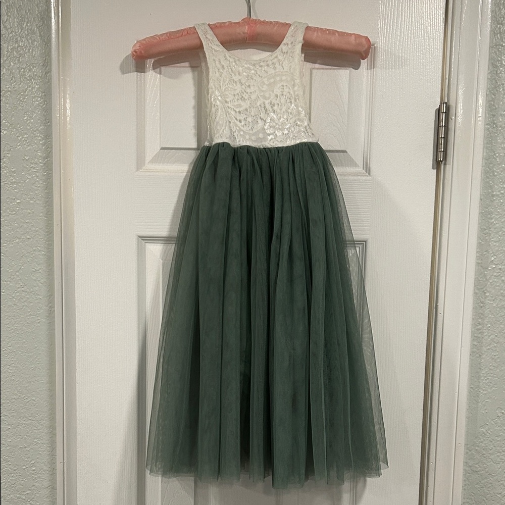 Elegant White and Green Kids Dress